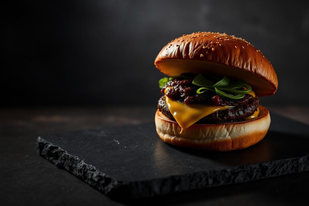 A cheeseburger in a sesame bun photographed on dark slate