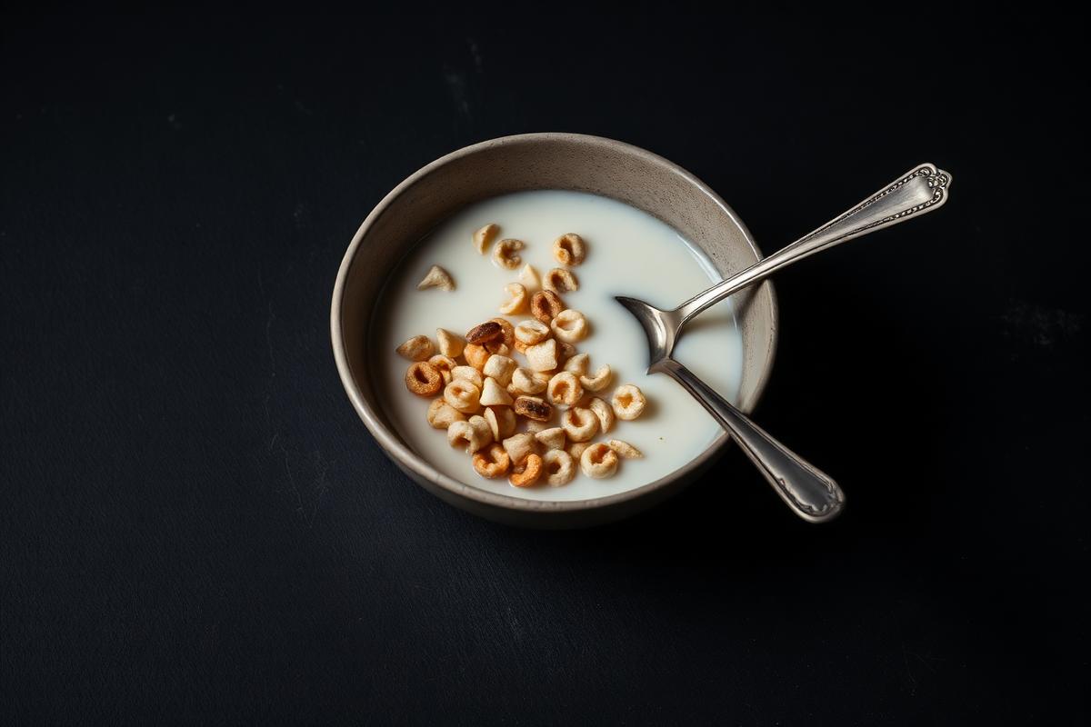 A bowl of cereal in milk with a spoon resting in it on a dark surface