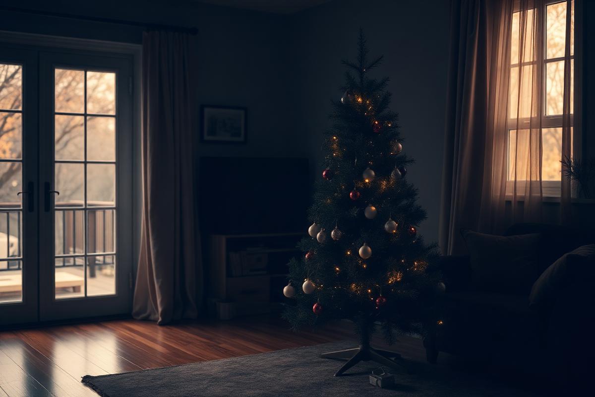 A lit Christmas tree in a dim living room with autumn light at the windows