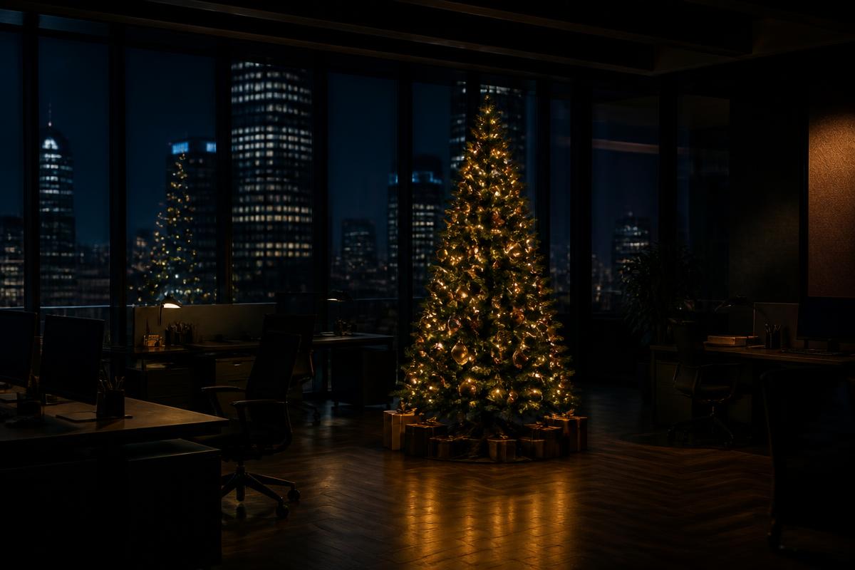 A lit Christmas tree standing alone in a dark, empty office at night