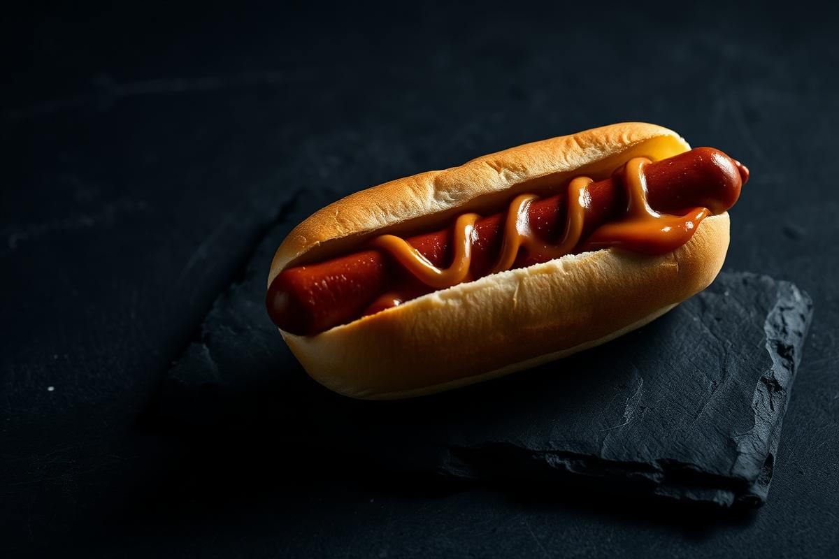 A hot dog in a bun with sauce, photographed on dark slate
