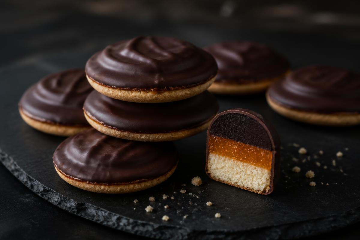 Orange-jam chocolate-topped snack cakes stacked on dark slate, one broken open