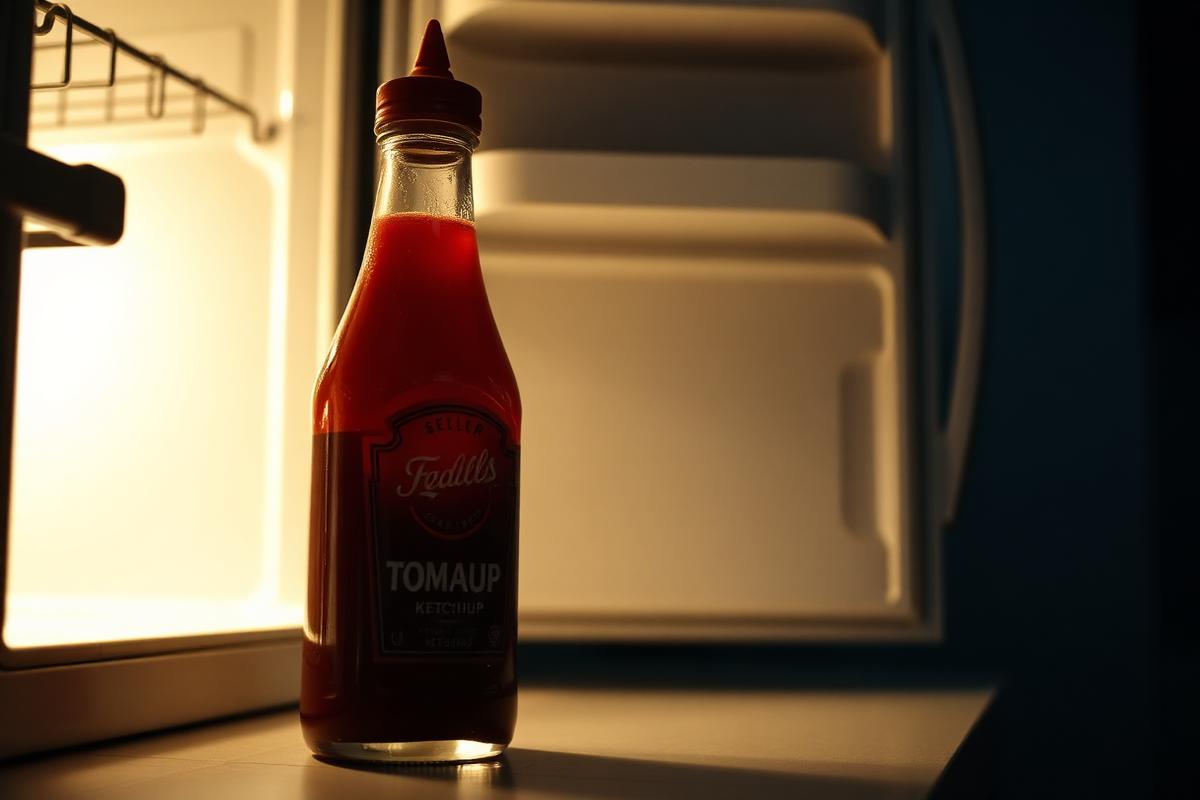 A bottle of tomato ketchup on a counter beside an open fridge door
