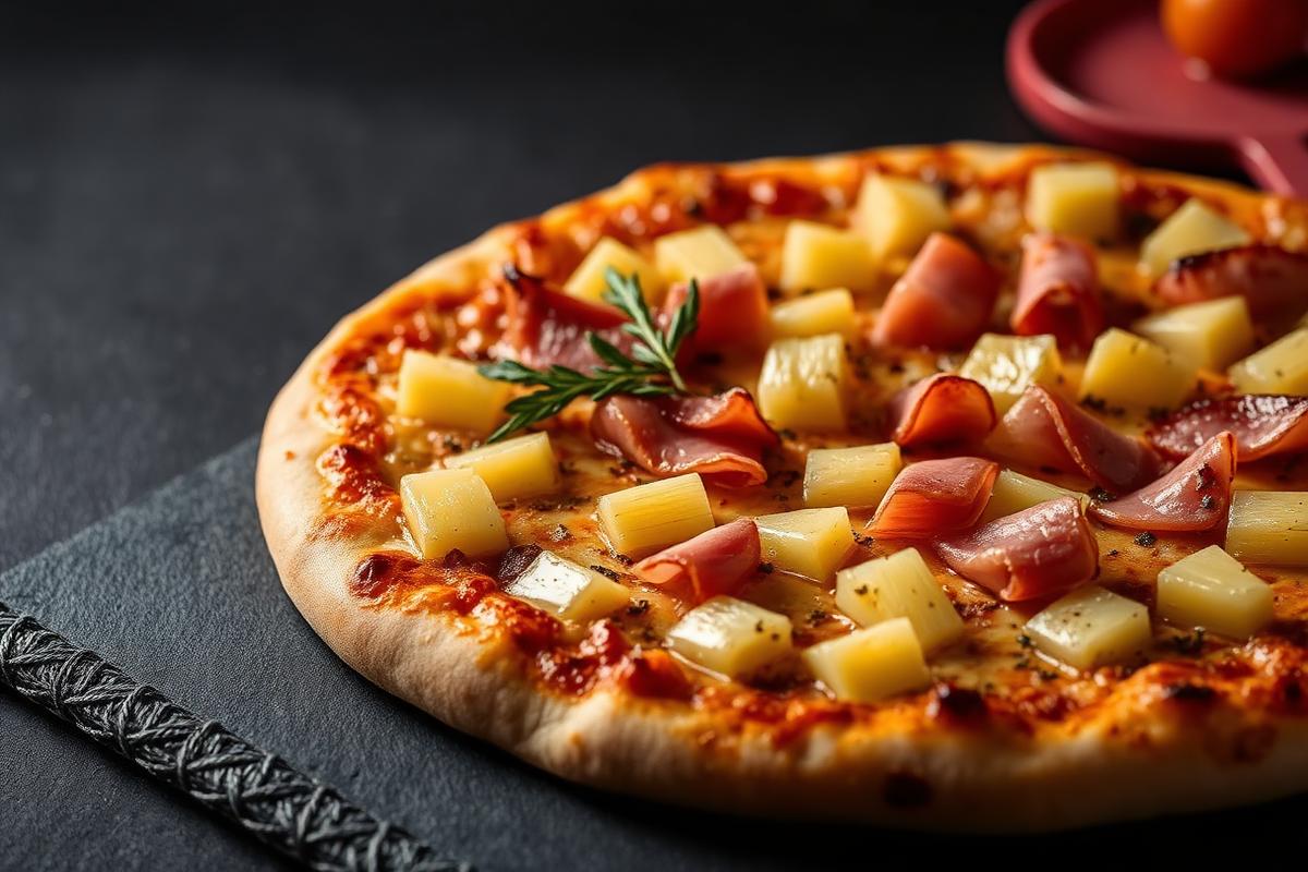 A pizza topped with pineapple chunks and ham on a dark slate board