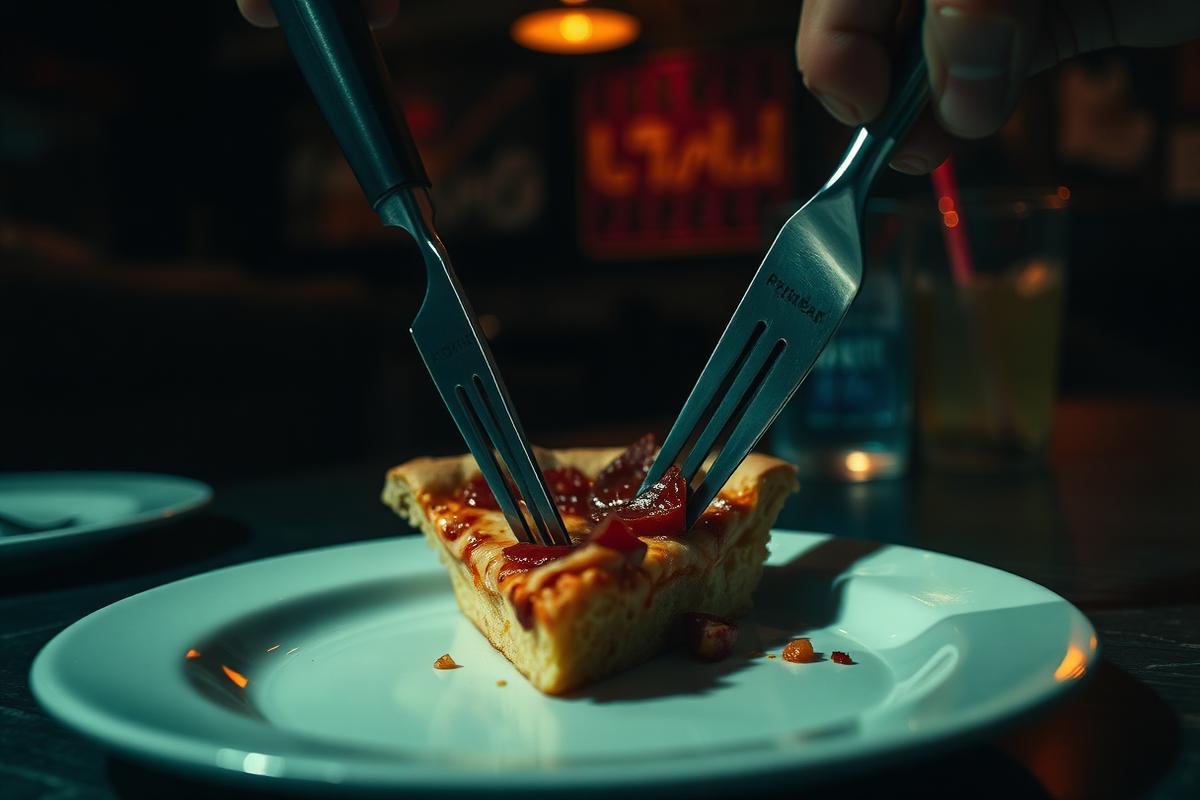 A slice of pizza on a plate being cut with a knife and fork