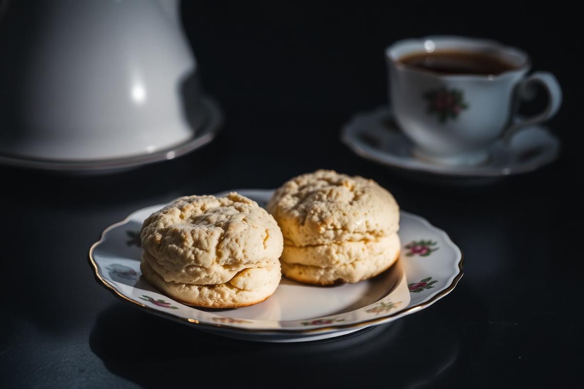 Two plain scones on a china plate beside a cup of tea