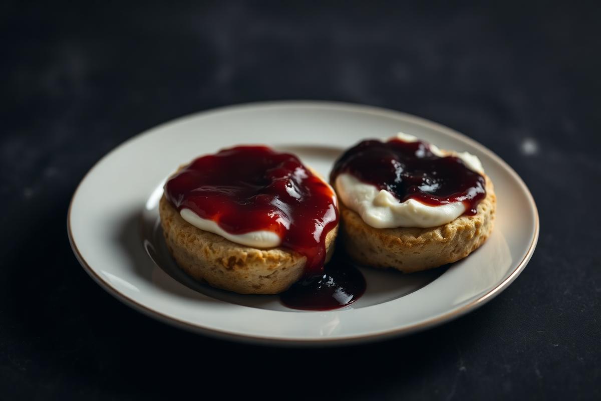 Two scones on a plate, one built cream first and one built jam first