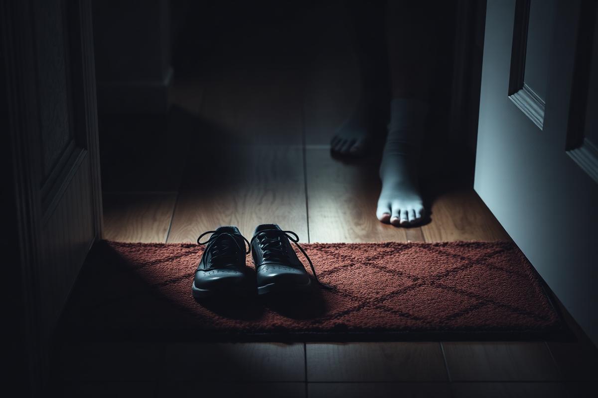 A pair of shoes on a hallway doormat beside feet in socks