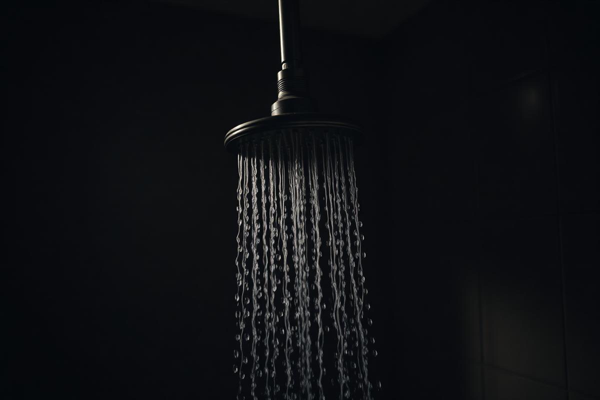A running shower head in a dim tiled bathroom
